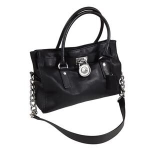 Michael Kors Hamilton Large Satchel Handbag Saffiano Leather Chain Strap Black